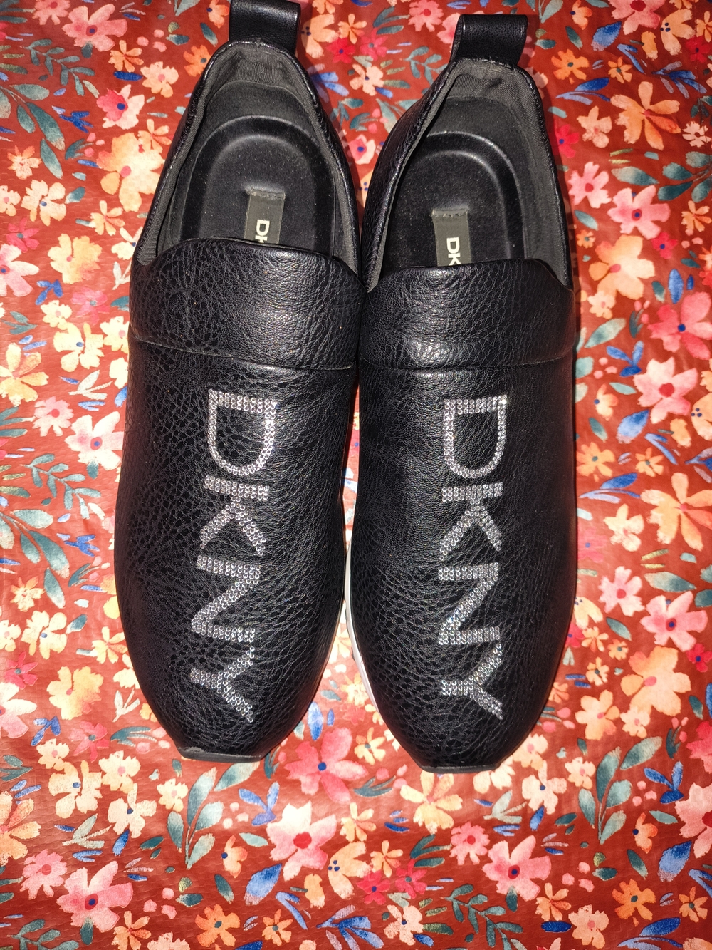 DKNY Black Leather Slip-On Moccasins with Crystal Logo